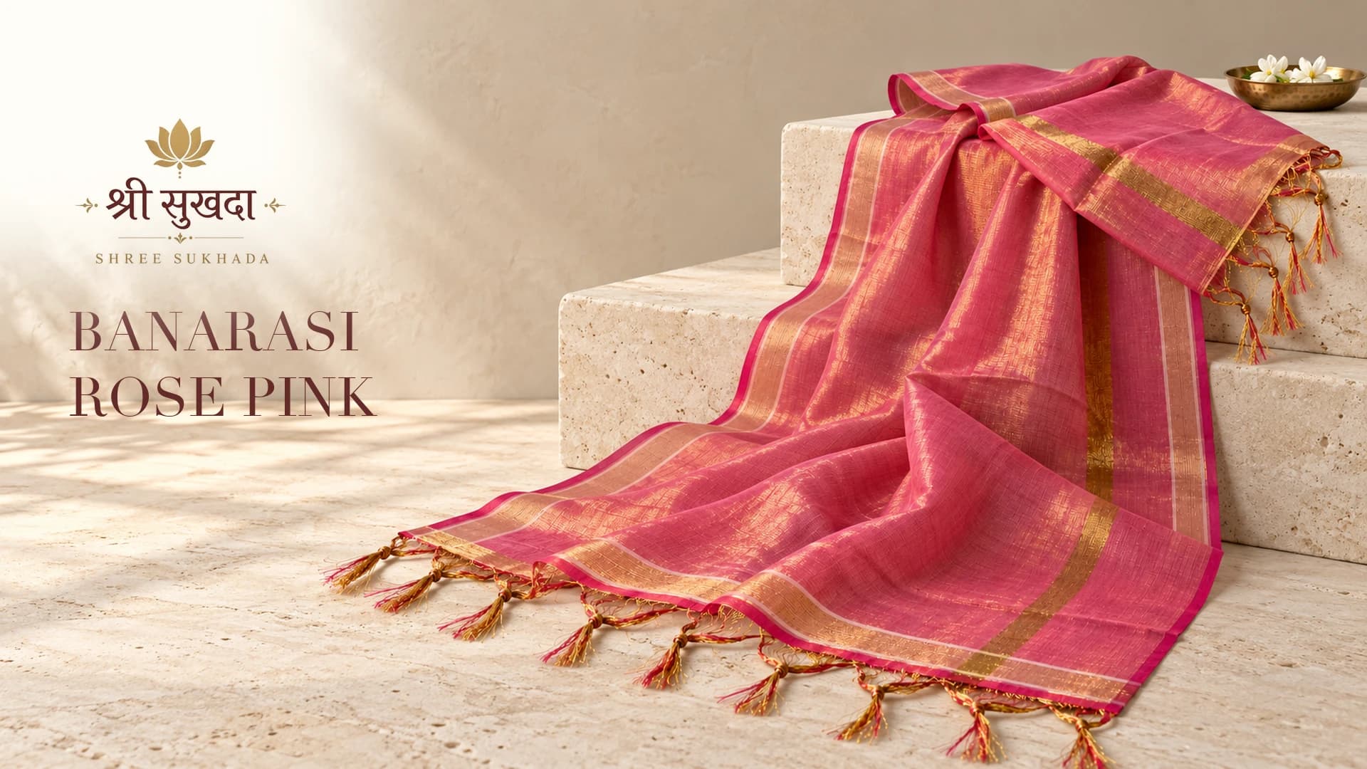 Rose pink Banarasi dupatta with gold borders and tassels draped over stone steps
