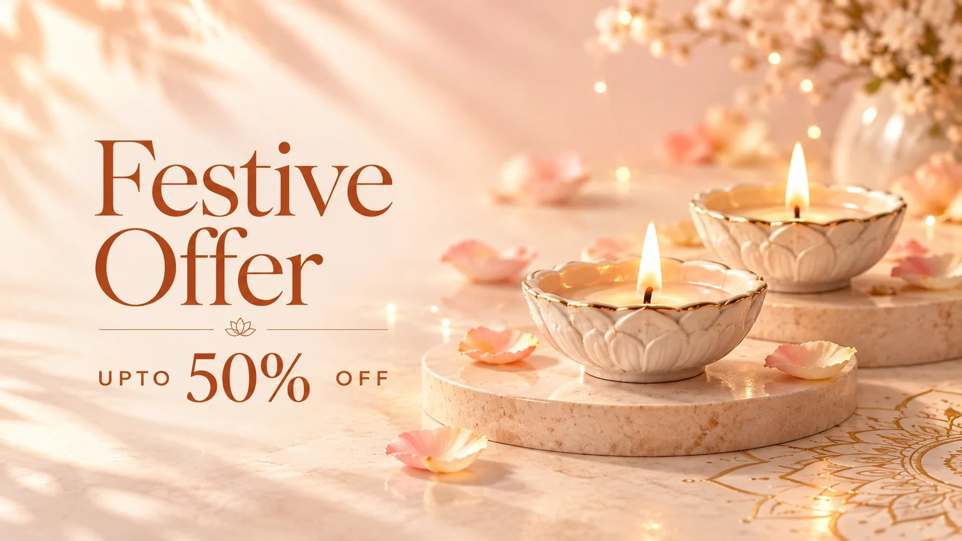 Festive Offer, up to 50% off, beside two lit diyas and scattered petals