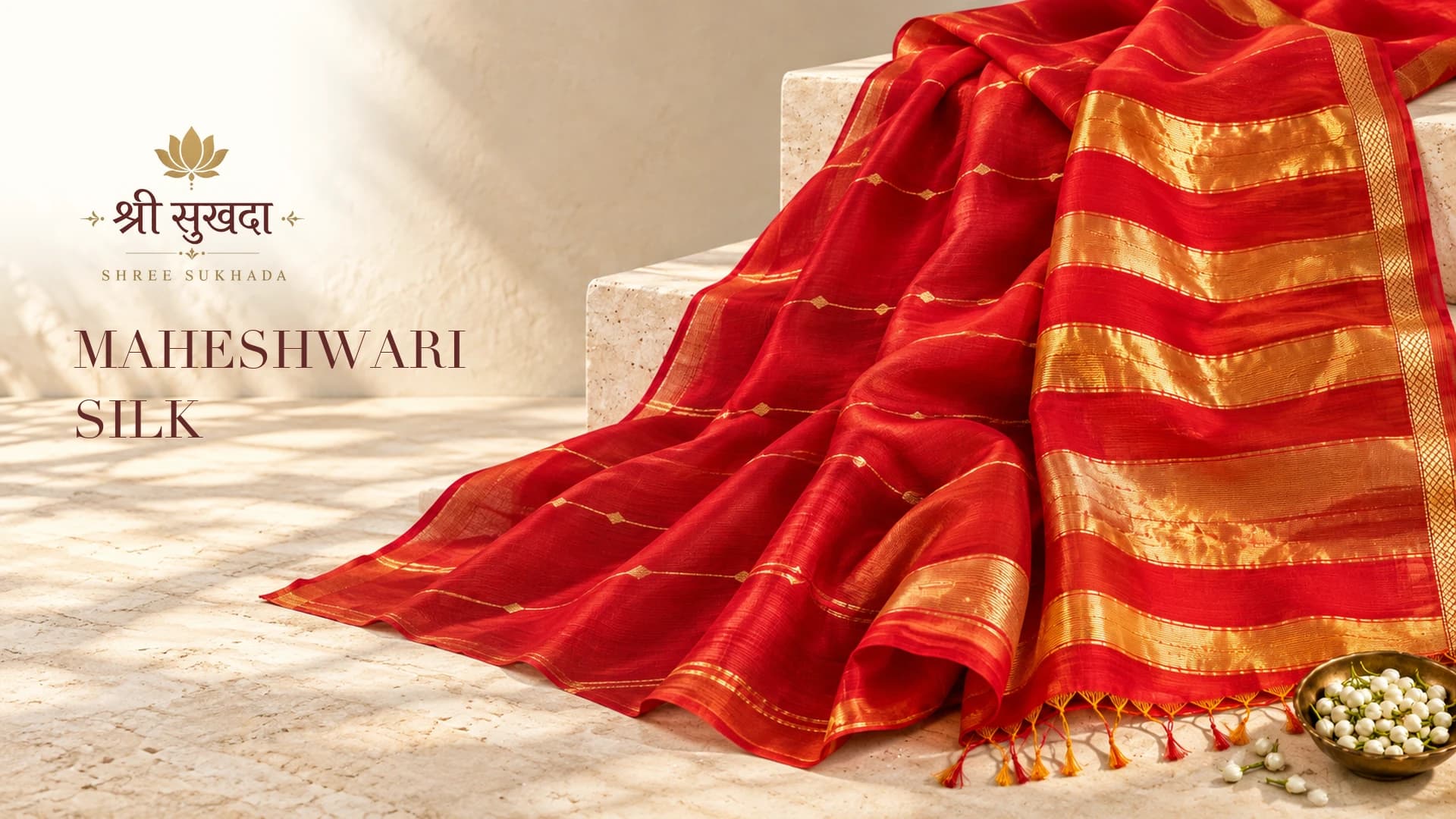 Red Maheshwari silk saree with gold zari stripes draped over stone steps