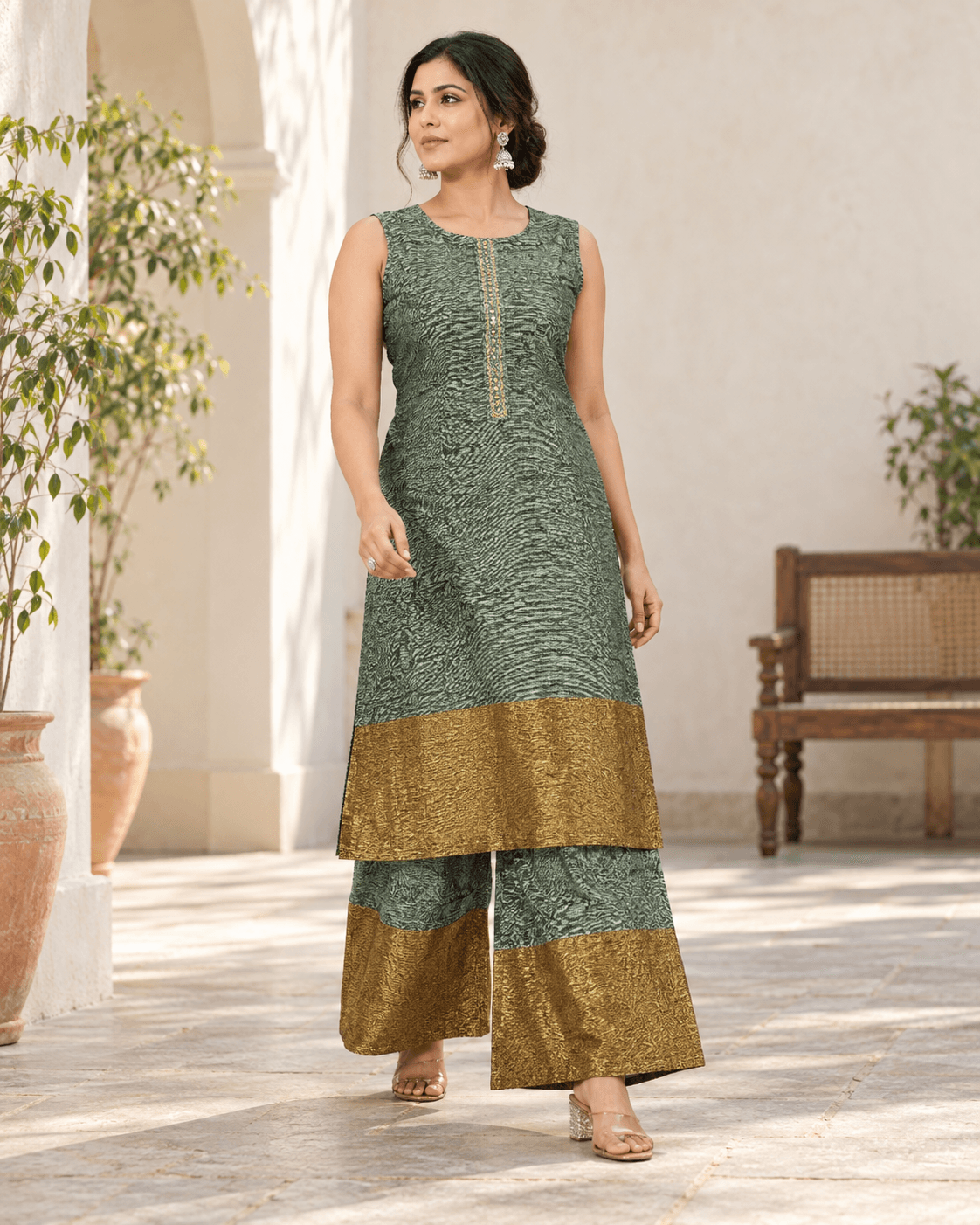Tissu Sage-Gold-Palazzo-Set