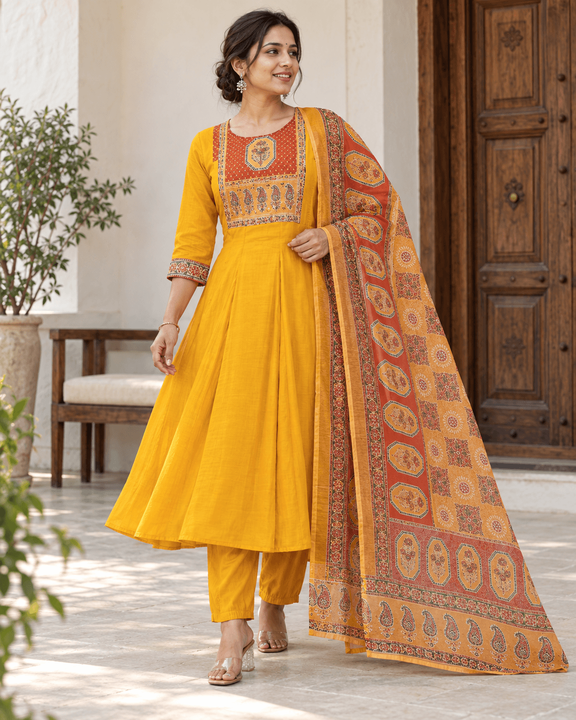 Mustard Pure Mal Chanderi Anarkali Set