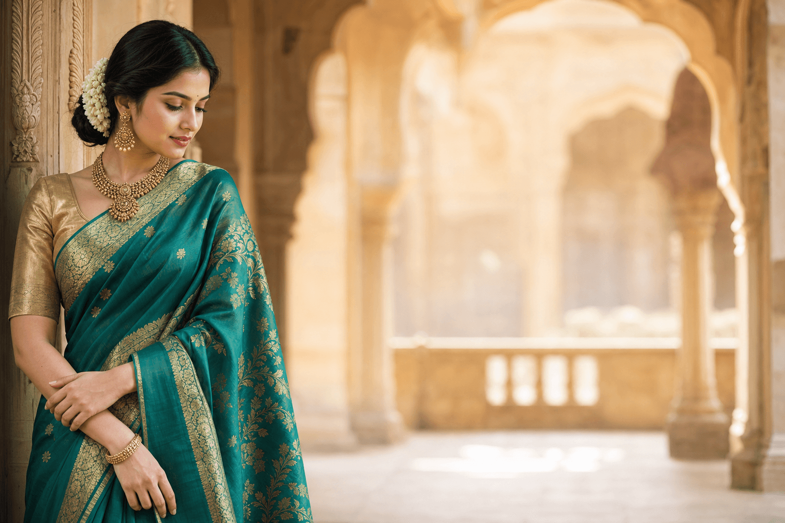Woman in a teal and gold saree against soft palace arches