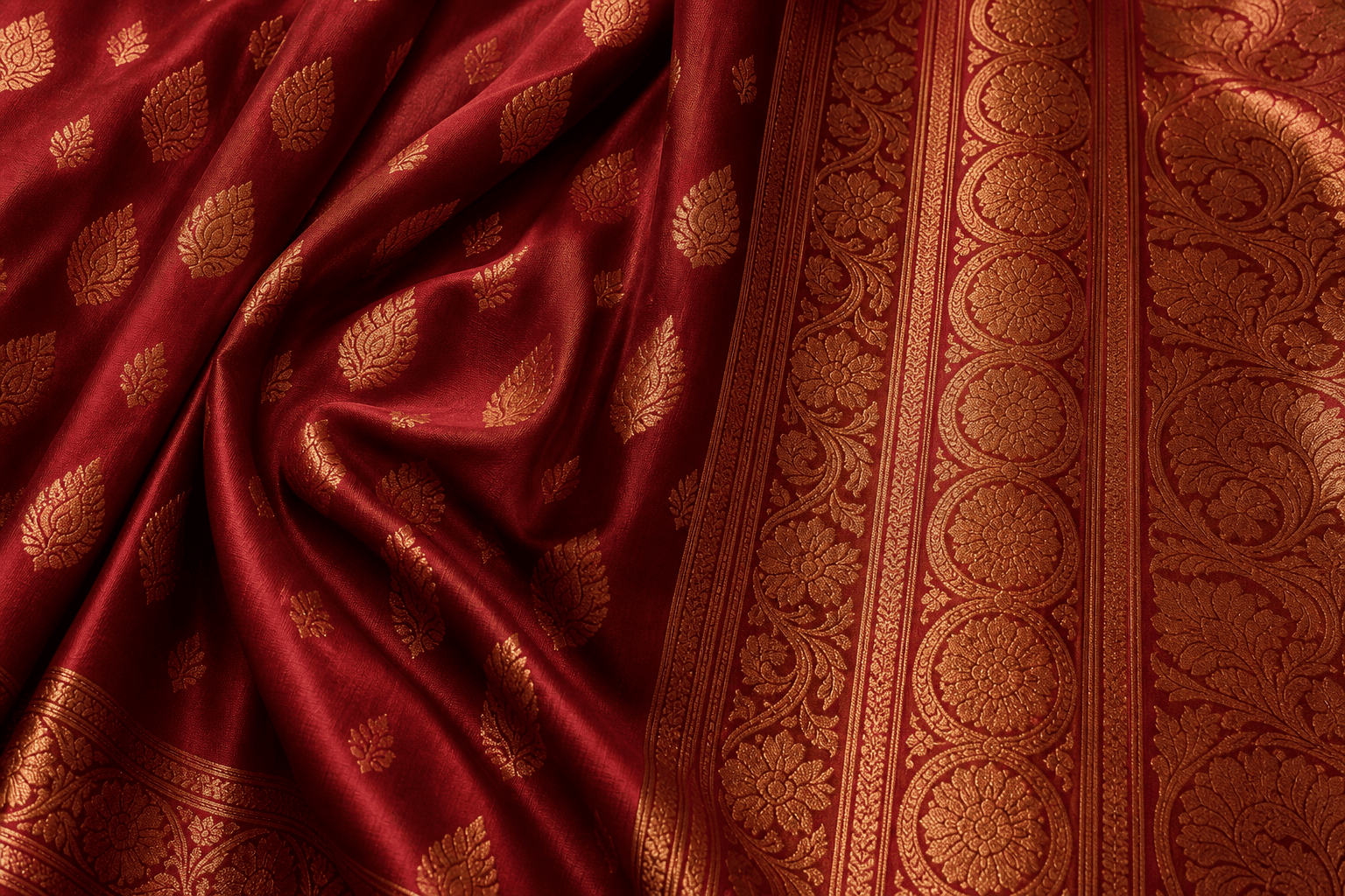 Maroon and gold zari saree textile with paisley motifs