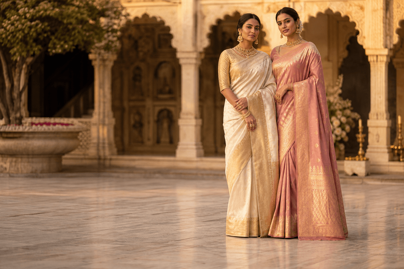 Two women in ivory and rose silk sarees in a palace courtyard