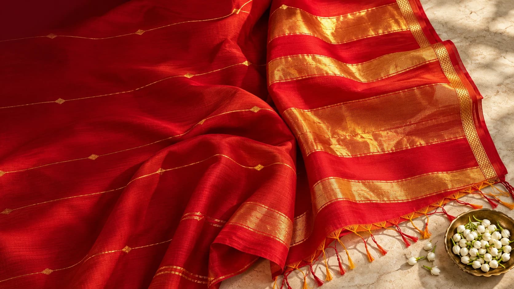 Red handloom saree with a gold zari border and tassels, with jasmine buds in a brass bowl