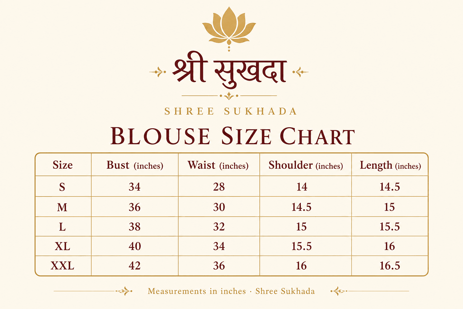 Shree Sukhada blouse size chart with logo, sizes S to XXL in inches