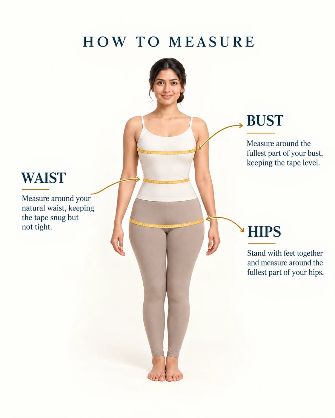 How to measure: bust around the fullest part, level; waist around the natural waist, snug but not tight; hips around the fullest part with feet together.