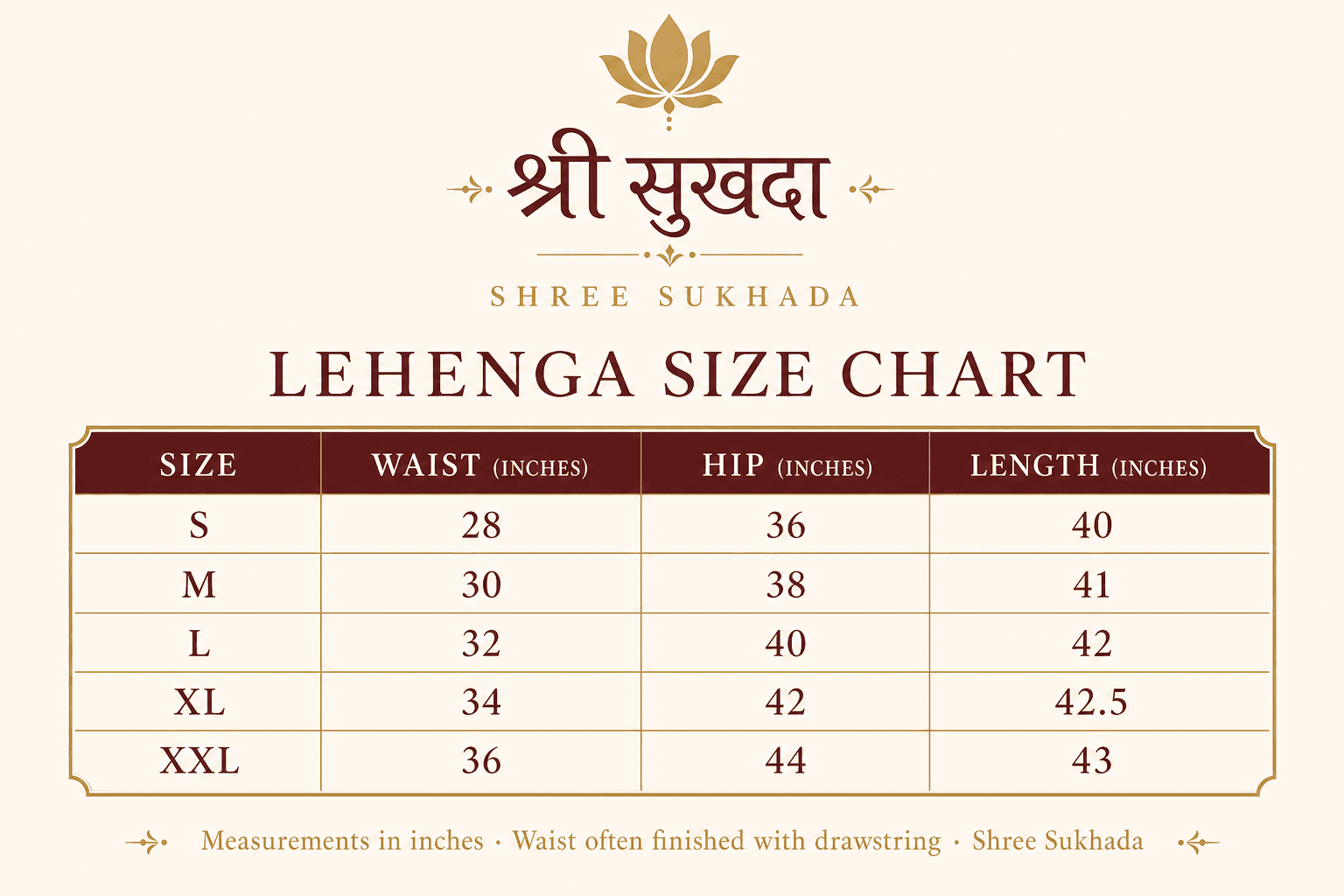 Shree Sukhada lehenga size chart with logo, sizes S to XXL in inches